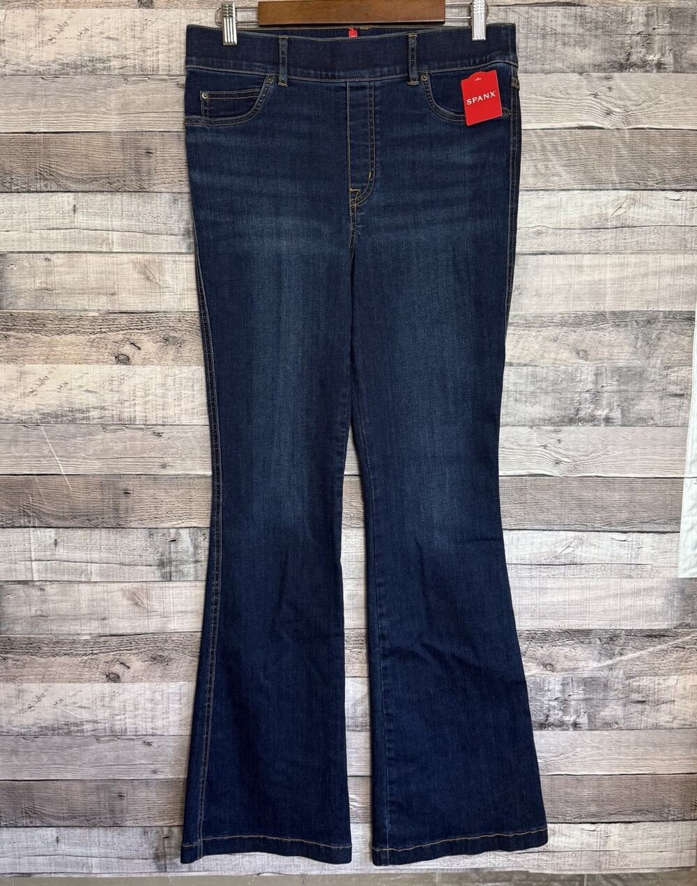 Spanx Flare Jeans Midnight Shade Dark Blue Pull On Stretch High Rise Women L NWT